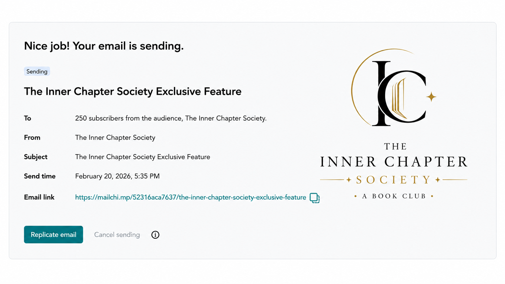 Society email interface with an exclusive feature in sending state