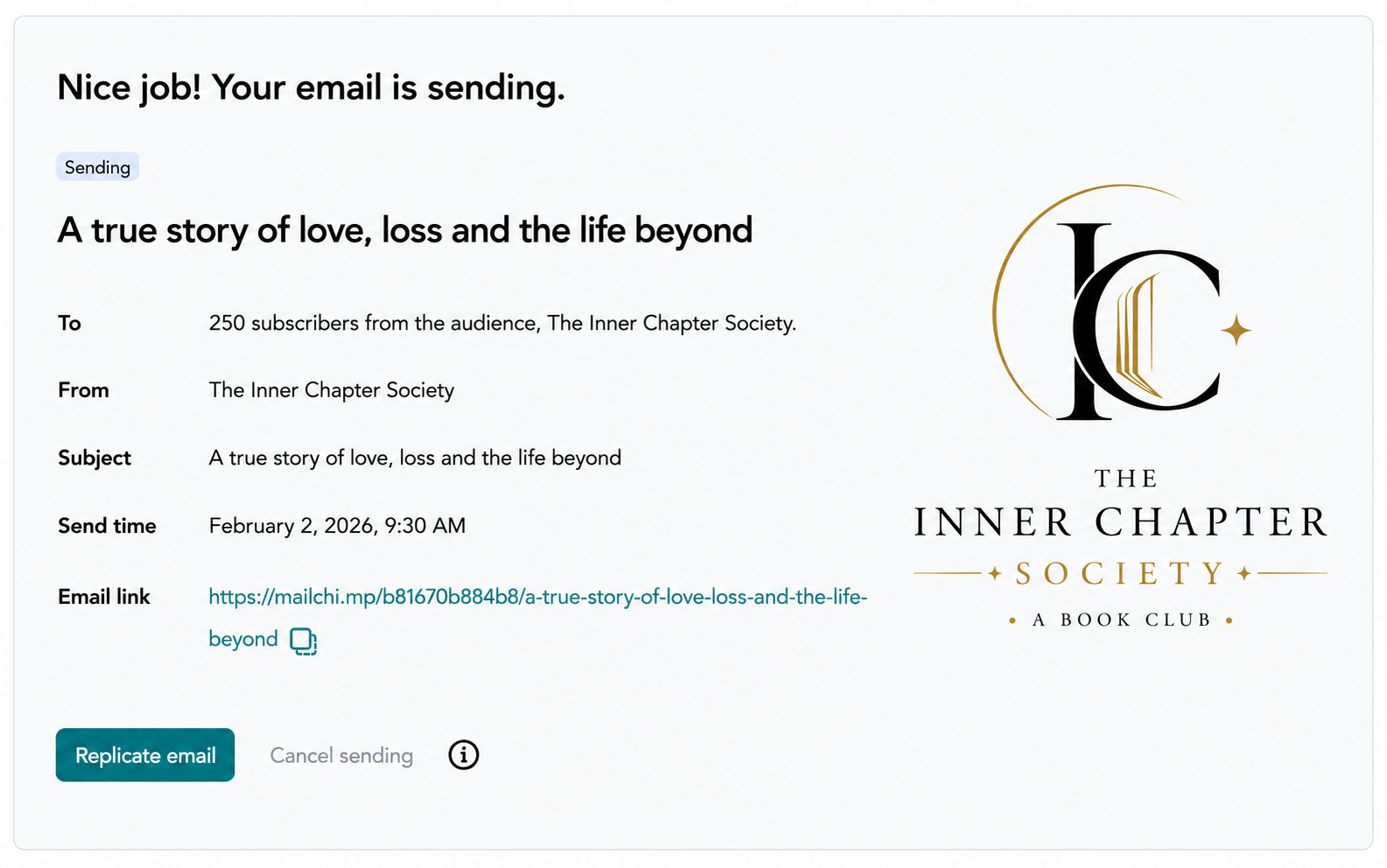 Email campaign interface showing The Forbidden Fruit subject and sending status